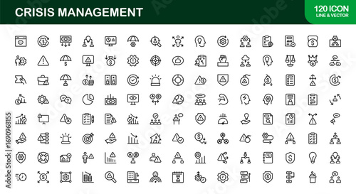 Crisis Management Icons – Professional Line Icon Set. Modern, minimal vector symbols for risk, recovery, and emergency planning.