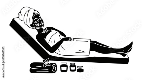 Relaxing black woman wearing a towel and facial mask lying on a spa bed with skincare products nearby