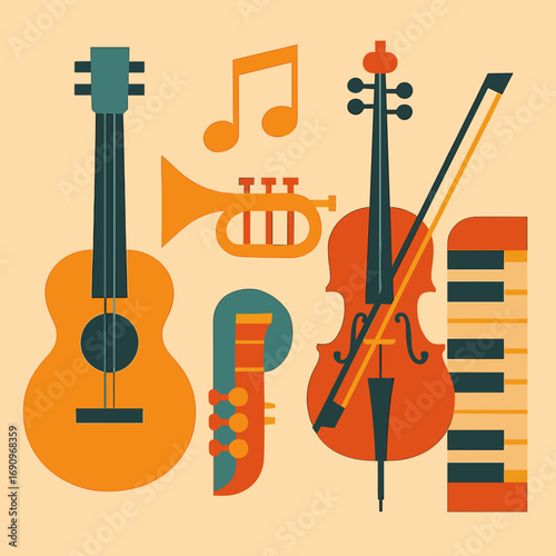 Colorful arrangement of musical instruments including guitar, trumpet, violin, and saxophone on a beige background
