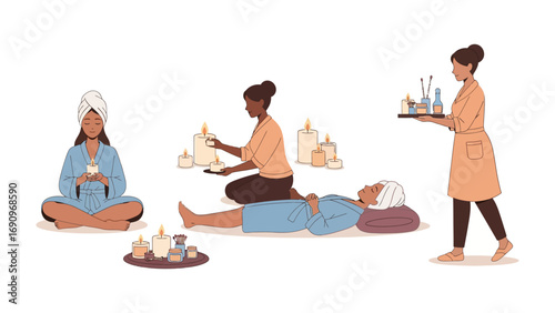 Diverse women enjoying a relaxing spa day with massage therapy aromatherapy and beauty treatments in a serene wellness environment