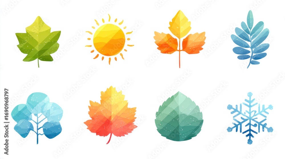 Obraz premium Colorful polygon leaves and sun with snowflake