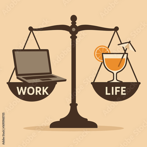 Balancing scale illustrating work and life with a laptop and cocktail glass on a light beige background