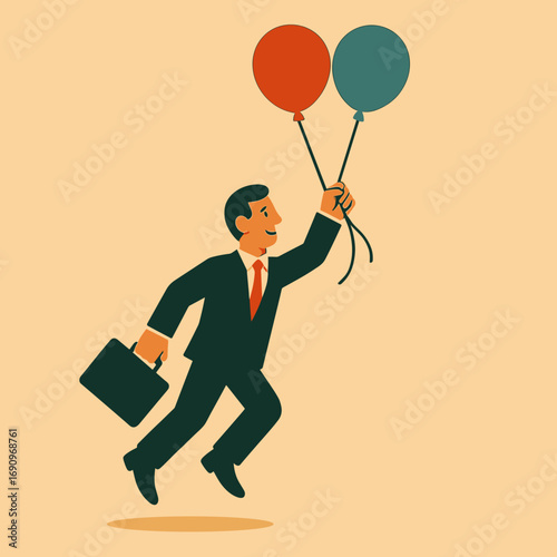 Cheerful businessman running with red and blue balloons on a light beige background