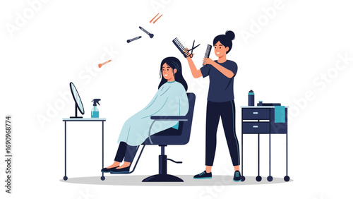Young woman receiving a haircut and styling from a professional hairdresser in a modern salon setting with tools and equipment