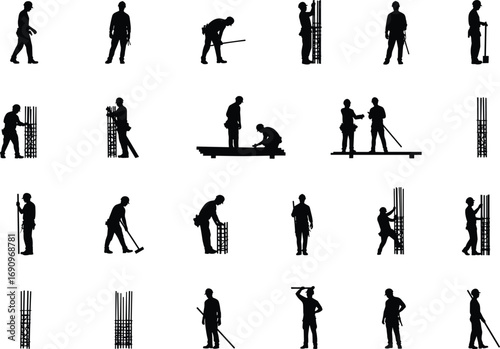 Silhouettes of construction workers with steel rods and tools, industrial labor job at building site, black shadow illustration, architecture background, man at work design