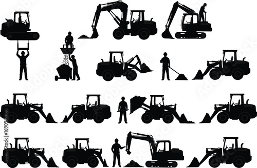 Silhouettes of construction vehicles with workers, excavators, bulldozers and loaders operating at site, heavy machinery labor job, black shadow illustration, building construction background design