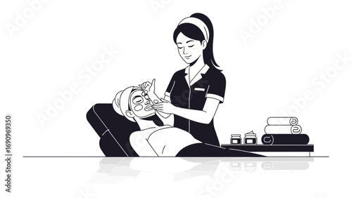 Professional skincare specialist applying facial treatment to a client lying down in a beauty salon setting with products nearby
