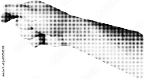 Trendy halftone collage element man hand palm. Elements cut out hand indicates something important. Retro punk design for poster social media banner, flyer