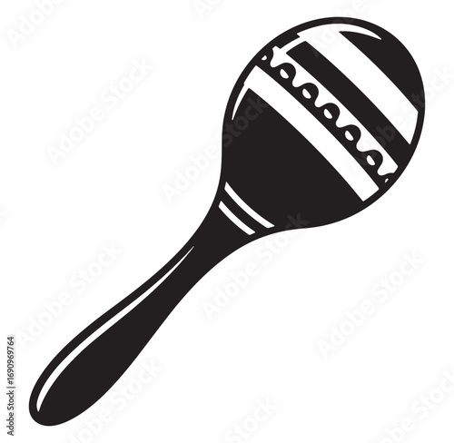Black and white illustration of a maraca musical instrument on a white background