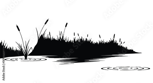 Serene wetland landscape with reeds and rippling water reflections