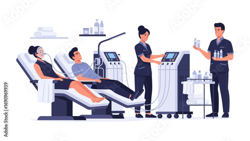 Medical professionals in a modern clinic setting assisting two patients undergoing cosmetic treatments with advanced technology and equipment