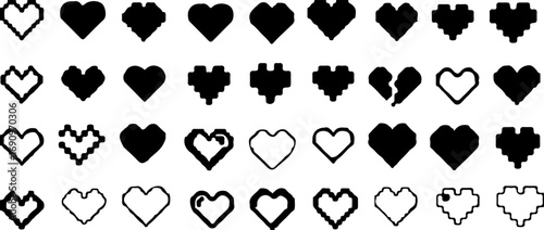 heart, hearts, pixel art, outline, icon, symbol, love, emotion, graphic, design, set, collection, illustration, digital, retro, game, shape, broken heart, solid, empty, white background, modern, abstr