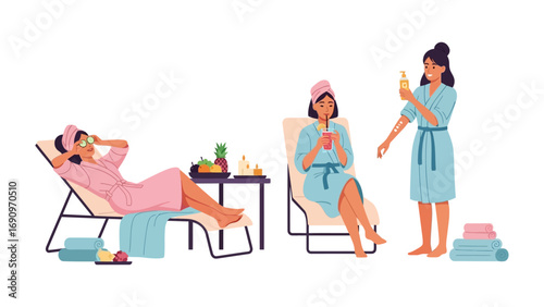 Three women in spa robes relax and enjoy drinks at a spa retreat embodying self care and wellness