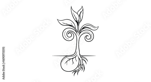 Delicate seedling with roots and leaves, symbolizing growth and new beginnings