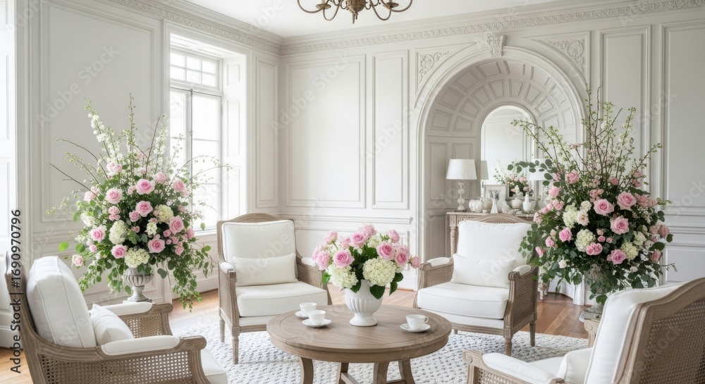 Fototapeta premium Elegant French Country Living Room With Floral Arrangements