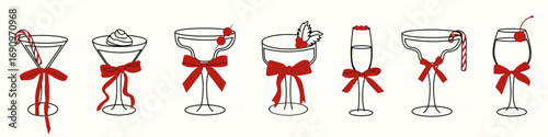 Christmas holiday cocktail glasses with red bows and festive garnishes. Modern minimal line art drink illustration. Vintage drink doodle collection for party invitations, bar menu, greeting cards.