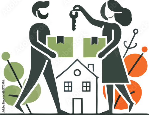 Couple Moving Boxes New Home Key House Green Olive Orange