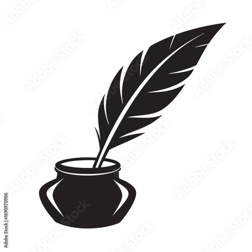 Antique Quill Pen With Inkpot Silhouette Illustration