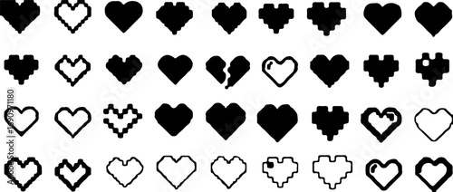 heart, hearts, love, romance, pixel, pixelated, retro, game, icon, symbol, graphic, design, element, broken heart, outline, solid, filled, digital, valentine, emotion, shape, vector, illustration, col