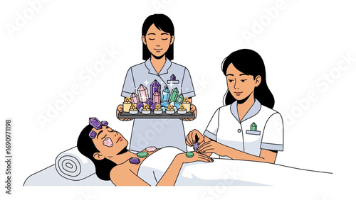 Two nurses administer a healing crystal therapy session to a relaxed patient lying on a massage table with a tray of colorful stones