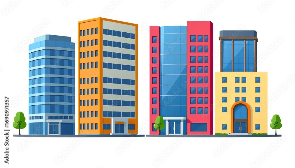 Fototapeta premium Four cartoon-style office buildings, various heights and colors, isolated on white, property, cartoon
