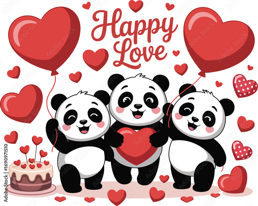 Fototapeta premium panda illustration, charming vector artwork of three cute pandas celebrating love with red hearts balloons and festive party cake for joyful design themes.