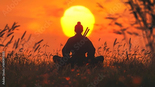 Silhouette of a Samurai Meditating in the Sunset A Peaceful Moment of Reflection and Serenity