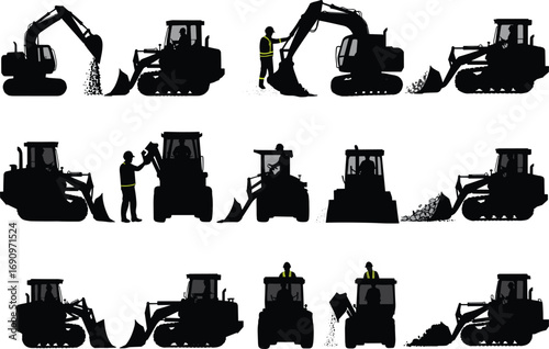 Silhouettes of construction vehicles with workers, bulldozers and excavators operating at site, heavy machinery labor job, black shadow illustration, industrial building background design