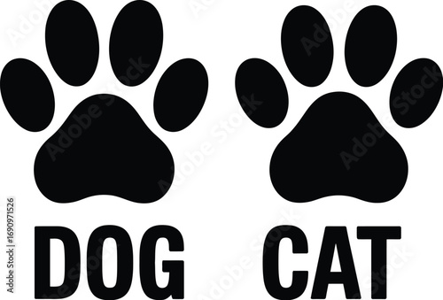 A graphic design set featuring two distinct animal paw print silhouettes, representing a dog and a cat, isolated on a white background