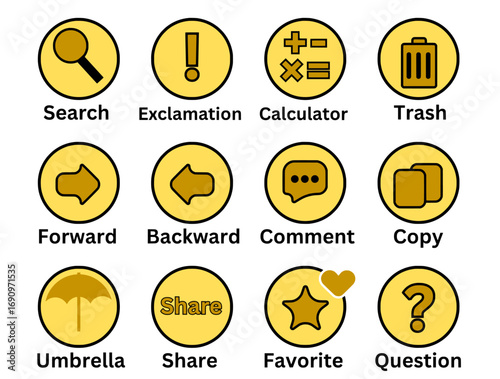 yellow round ui icons set with search calculator trash share favorite question