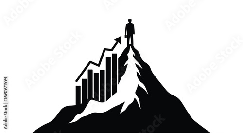 Silhouette of a determined person standing atop a mountain peak, with a rising graph symbolizing success and achievement.