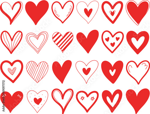 A charming collection of 20 unique hand-drawn red heart illustrations, perfect for expressing love, romance, and warmth in various design projects and digital creations