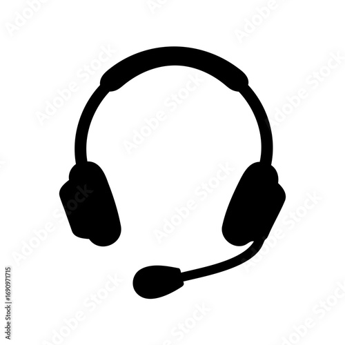 Black silhouette of a headset with microphone on a plain white background