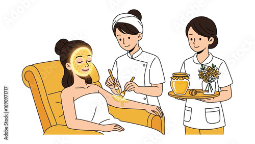 Young woman receiving a golden facial mask treatment in a spa chair with two beauticians attending to her with skincare products