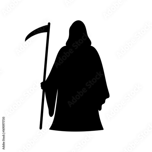 Black silhouette of a grim reaper holding a scythe against white background