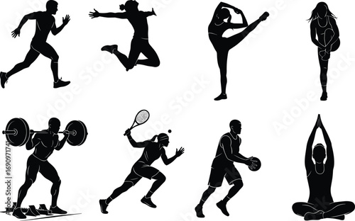 PrintAthlete silhouette running, jumping, stretching, yoga pose, weightlifting, tennis swing, basketball dribble, fitness training, black vector illustration, sports graphic