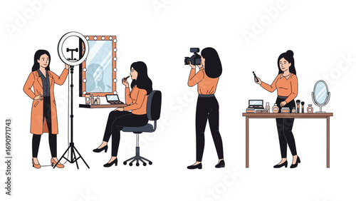 Diverse group of women creating beauty content online using ring lights cameras and makeup for social media and vlogging