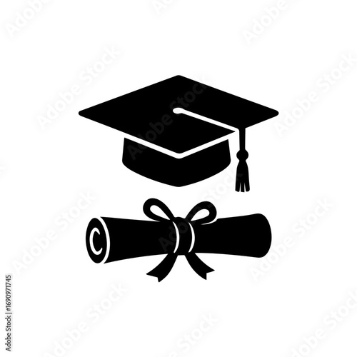 Black silhouette icon of a graduation cap and diploma scroll representing academic success, education achievement, university studies, and scholarly accomplishment.
