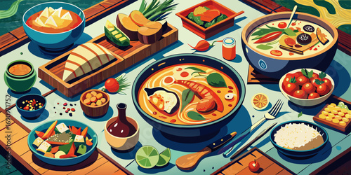 Delicious sushi dish with fresh green onions and delicious pepper salad