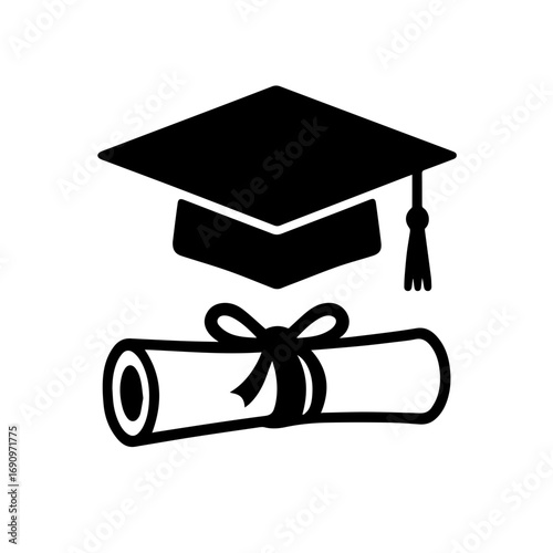 Black silhouette icon of a graduation cap and diploma scroll representing academic success, education achievement, university studies, and scholarly accomplishment.
