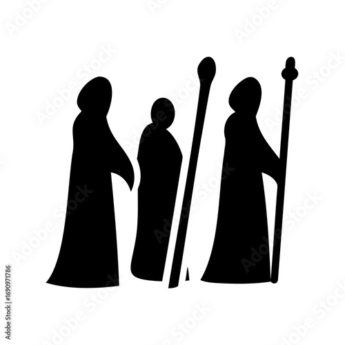 Three mysterious hooded figures are depicted in a minimalist black silhouette design