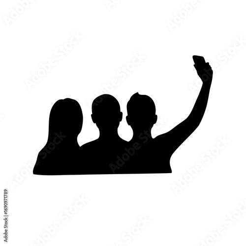 Silhouette of three friends taking a selfie with their smartphone device