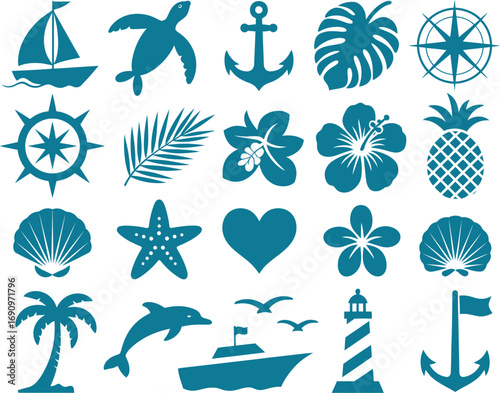 A versatile collection of vector icons featuring tropical and nautical symbols. Ideal for summer designs, travel themes, ocean-inspired projects, and coastal decor