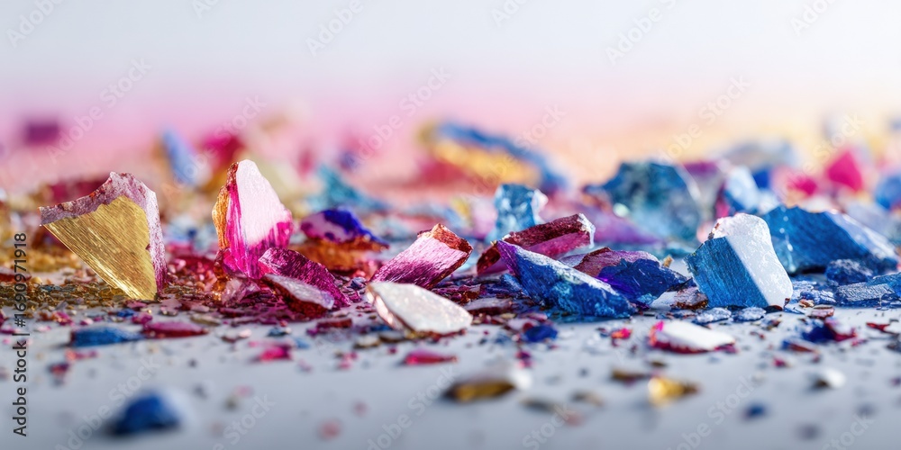 Fototapeta premium Colorful shattered pieces of various textures and shades, scattered across a light gray surface. A pastel-toned background adds depth