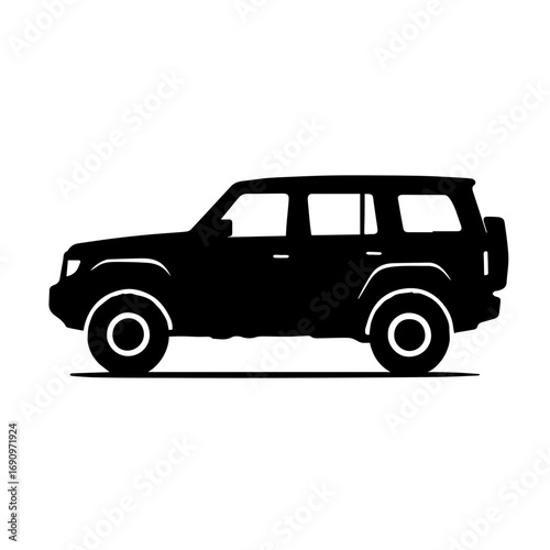 Silhouette of SUV car side view - Black silhouette illustration of a sport utility vehicle with large wheels, symbolizing travel, transportation, adventure, and off-road driving.

