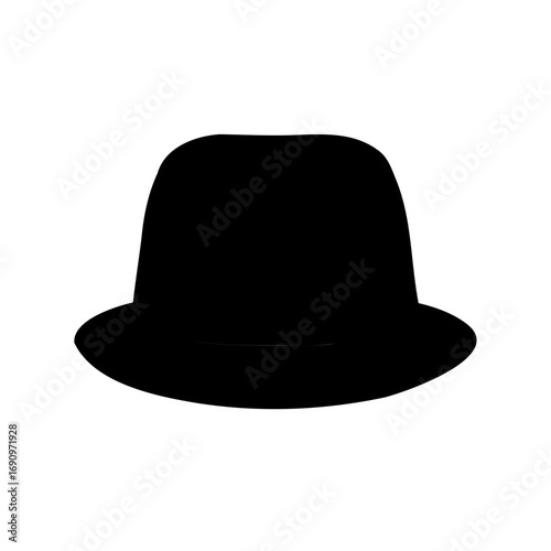 A solitary black silhouette of a classic fedora hat on white background