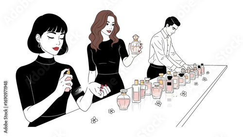 Elegant women and man in stylish black clothing testing and selecting perfumes from a wide assortment of fragrance bottles on a display table