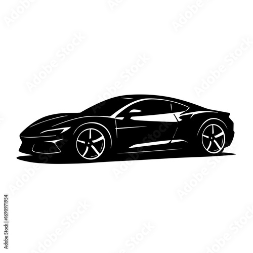Silhouette of modern sports car side view - Black silhouette illustration of a sleek sports car with aerodynamic design, symbolizing speed, luxury, performance, and modern automotive style.
