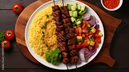 Full meal platter shot from above, showcasing chicken kebab, lamb shish, and beef pieces with golden rice, seasoned bulgur, and fresh tomato-cucumber salad