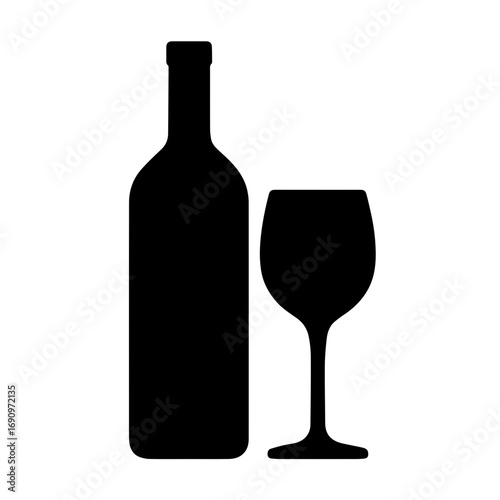 Silhouette of wine bottle and glass - Black silhouette illustration of a wine bottle beside a glass, symbolizing alcohol, celebration, dining, and elegant beverage culture.
